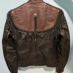 VTG HARLEY DAVIDSON WILLIE G FRINGE 2 TONE LEATHER JACKET. Size 34 Women’s